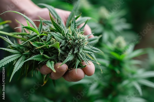 Cannabis plant with flowering bud in man's hand. Manicuring marijuana buds, medicinal cannabis hemp harvest. photo