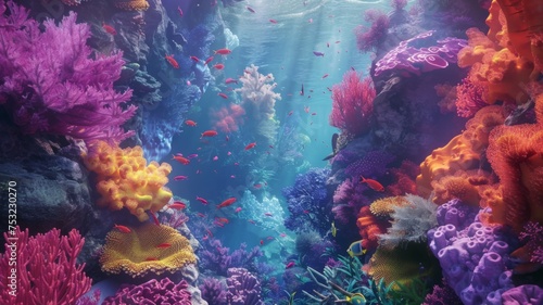 Vibrant underwater coral reef with sunlight - A colorful underwater scene of a coral reef basking in beams of sunlight penetrating the ocean depths