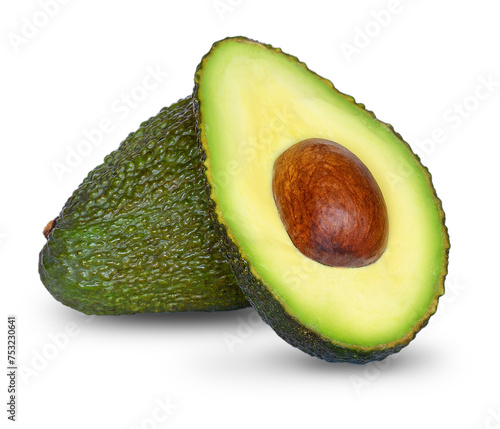 Two halves of fresh avocado isolated on transparent background png file. Avocados with pit isolated on transparent background. Design element for product label, catalog print