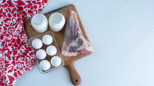 meat, eggs and milk