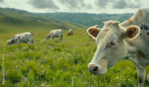 Herd of Cattle Grazing on Lush Green Field. Generative AI photo