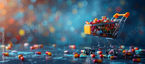 mimi shopper trolley with pills, boke multicolor background photo