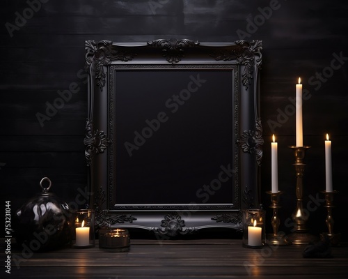  front view mockup of a square Black Gothic Baroque style picture frame on an elegent table with candles, black background dark, moody