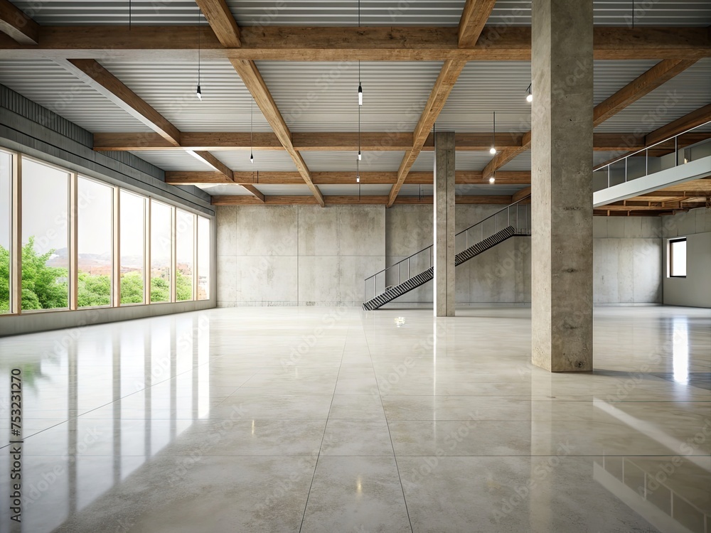 Fototapeta premium The simple cement floor contrasts with the loft architecture structure generative ai