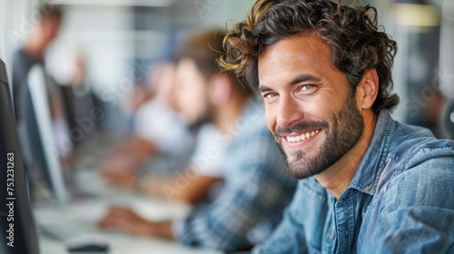 Smiling man using technology happily sitting in front of computer doing work