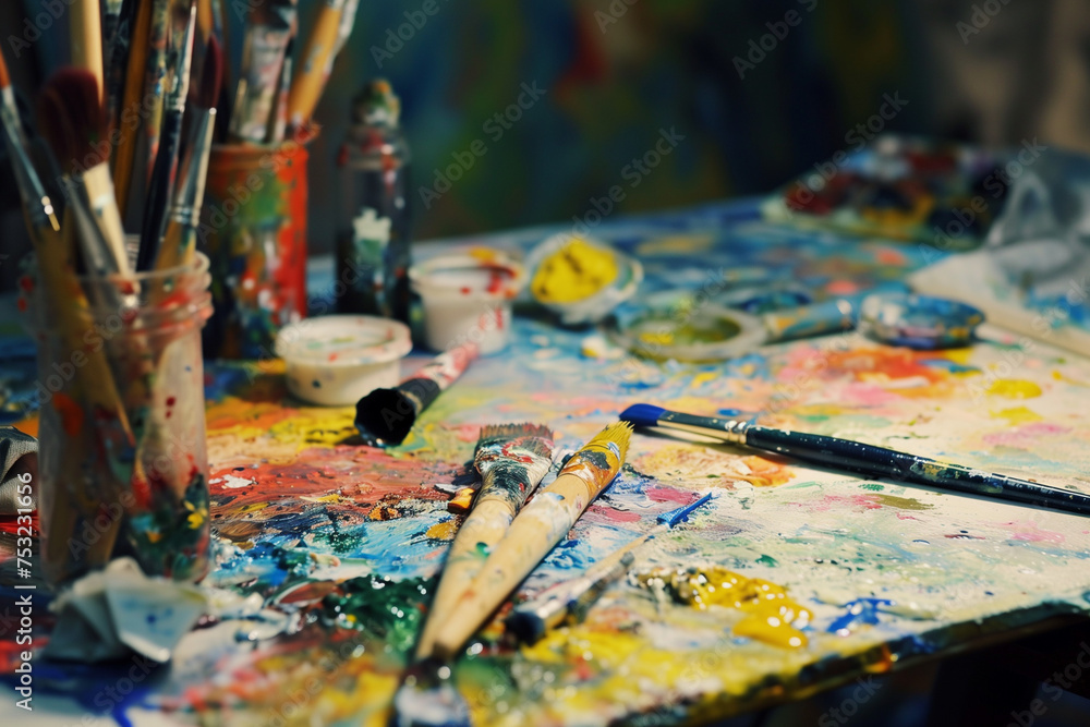 Fototapeta premium Brushes in a painting workshop, Ai Generated