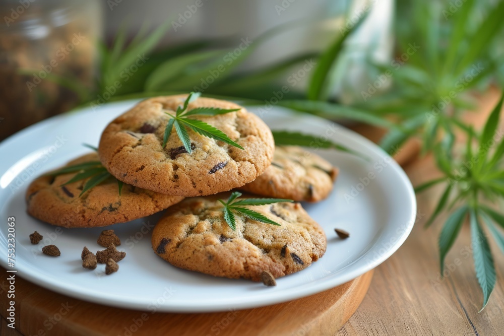 Cookies with marijuana. Cannabis culinary. Hemp cookies on plate arranged marijuana leaves