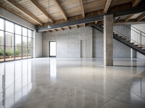 The simple cement floor contrasts with the loft architecture structure generative ai