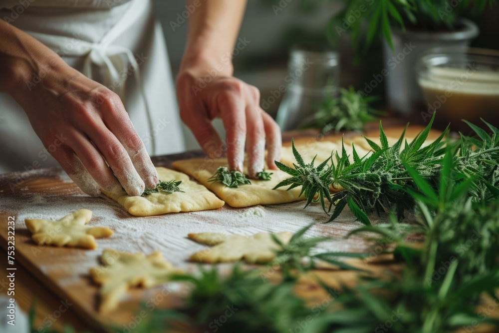 Cannabis culinary, cooking hemp pastry. The chef shapes the dough into buns with the addition of hemp. Closeup shot of hands.