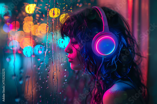 A stylish girl immersed in music, adorned with neon lights, exuding urban chic and modern vibes.