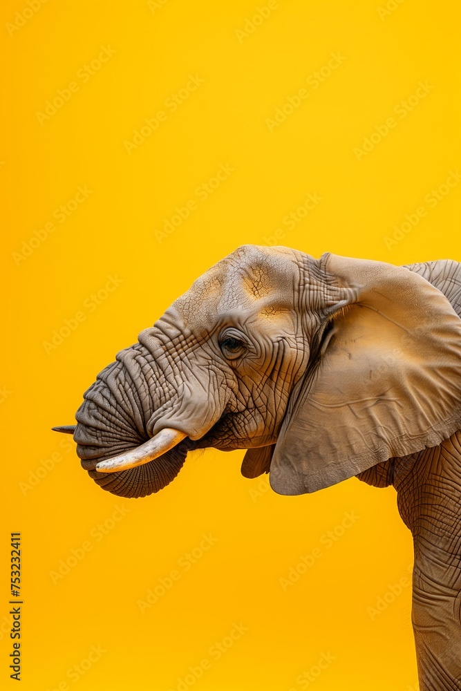 Obraz premium Elephant Standing in Front of Yellow Background. Generative AI