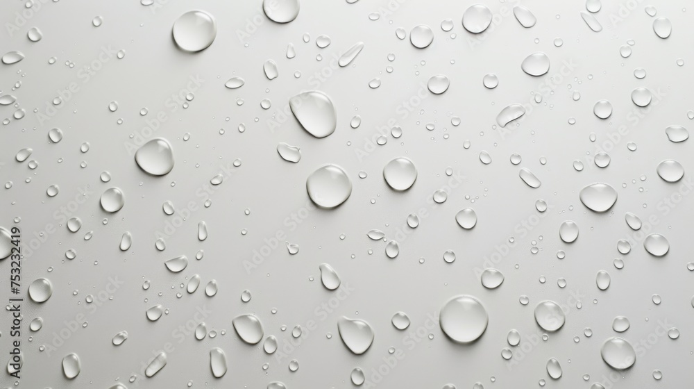 Water drops on a white background. Texture of rain with droplets on the surface. Transparent dew pattern. Abstract wallpaper with liquid splashes.