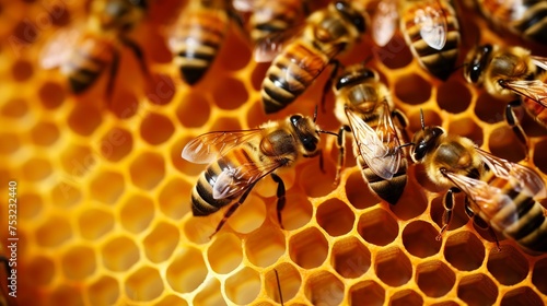 Bees work harmoniously within a hive, diligently producing honey amidst the midday sun, captured in a close-up shot.
