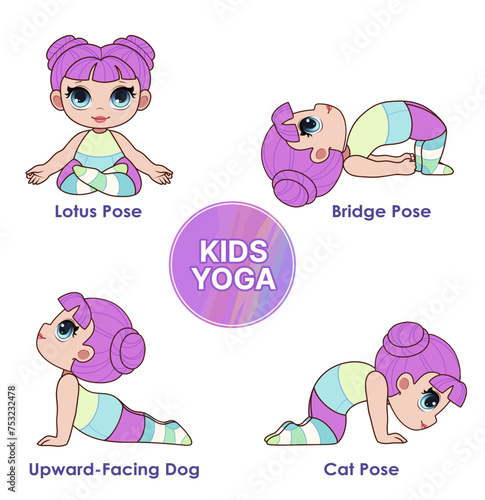 Set of kids' yoga poses. Cartoon characters for girls. Babydoll character. Vector illustration.  photo