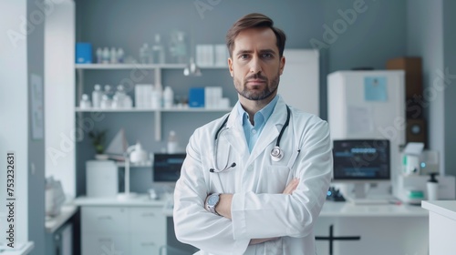 Man in Lab Coat Standing With Arms Crossed. Generative AI