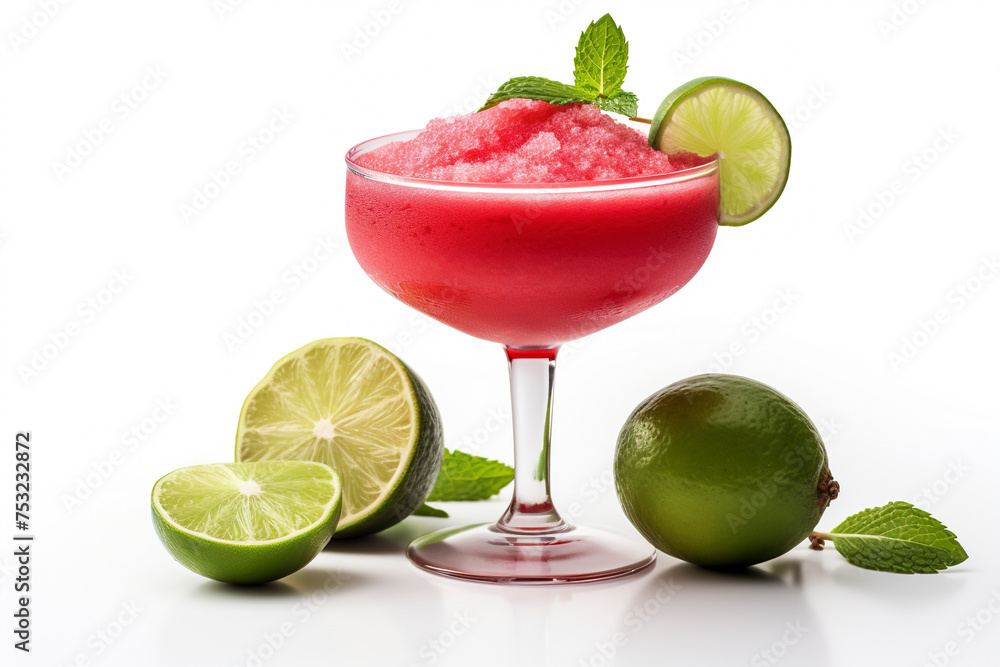 Fancy looking daiquiri cocktail on white background. Frozen strawberry daiquiri with lime. Glass of strawberry daiquiri cocktail on white background. Red iced drink in coktail glass.