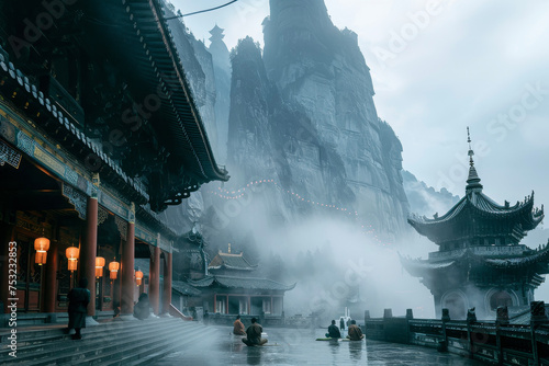 A mountain temple clings to a mist-shrouded peak. Lanterns sway in the breeze, and incense spirals upward. photo