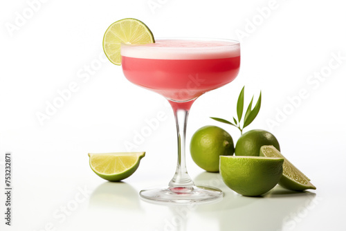 Fancy looking daiquiri cocktail on white background. Frozen strawberry daiquiri with lime. Glass of strawberry daiquiri cocktail on white background. Red iced drink in coktail glass.