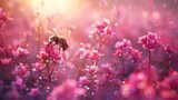 Bee among Pink Flowers in a Luminous Field