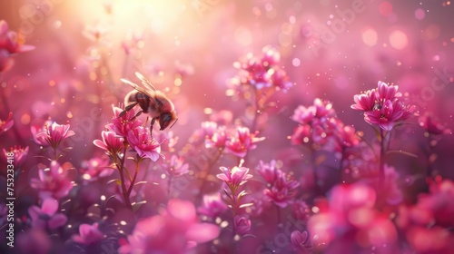 Bee among Pink Flowers in a Luminous Field photo