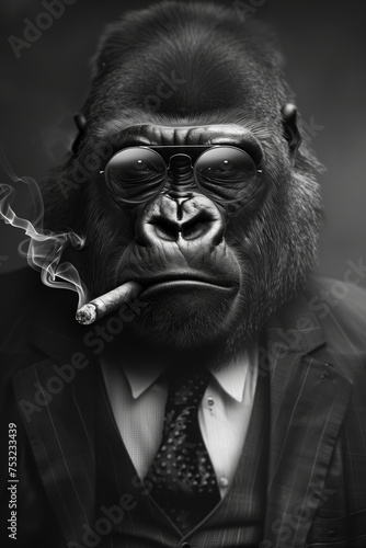 Gorilla in Suit Smoking Cigarette. Generative AI