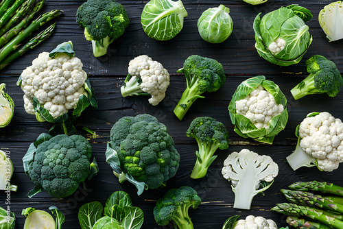 broccoli, cauliflower , Brussels sprouts, asparagus on a black wooden table, flat lay photo