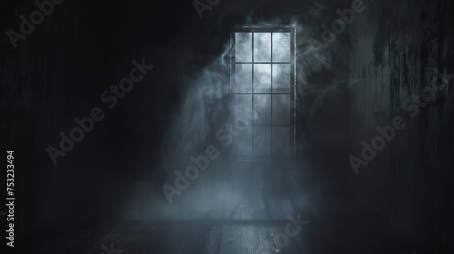Fog in a dark room. Horror empty room with smoke on the floor. Gloomy and scary interior.