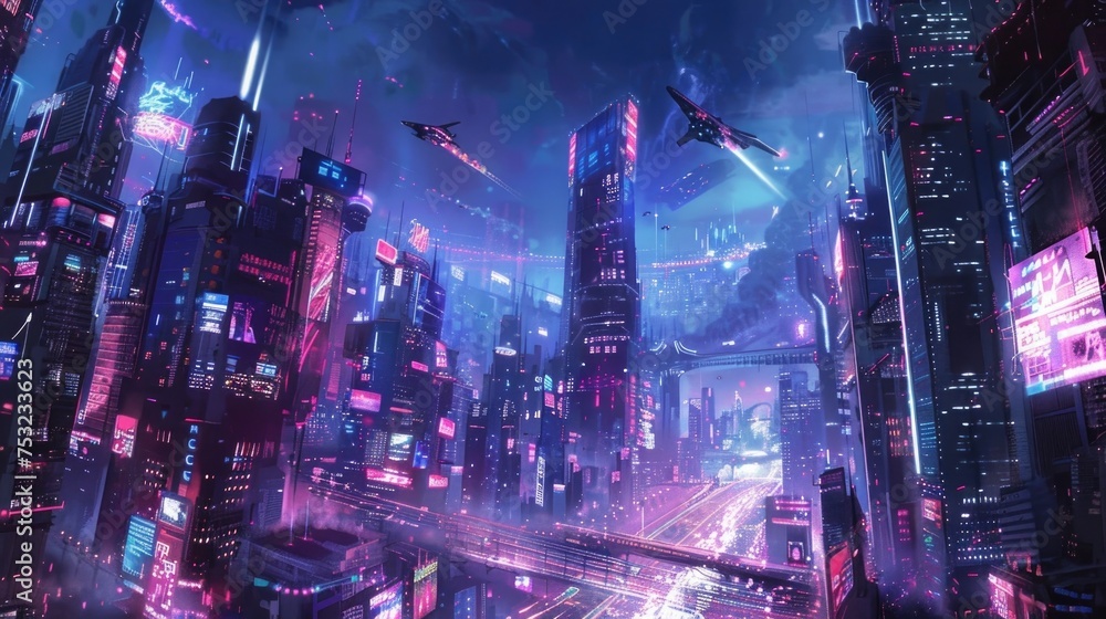 Futuristic City Illuminated by Neon Lights, To convey a sense of a high-tech, advanced urban future through captivating and striking visuals