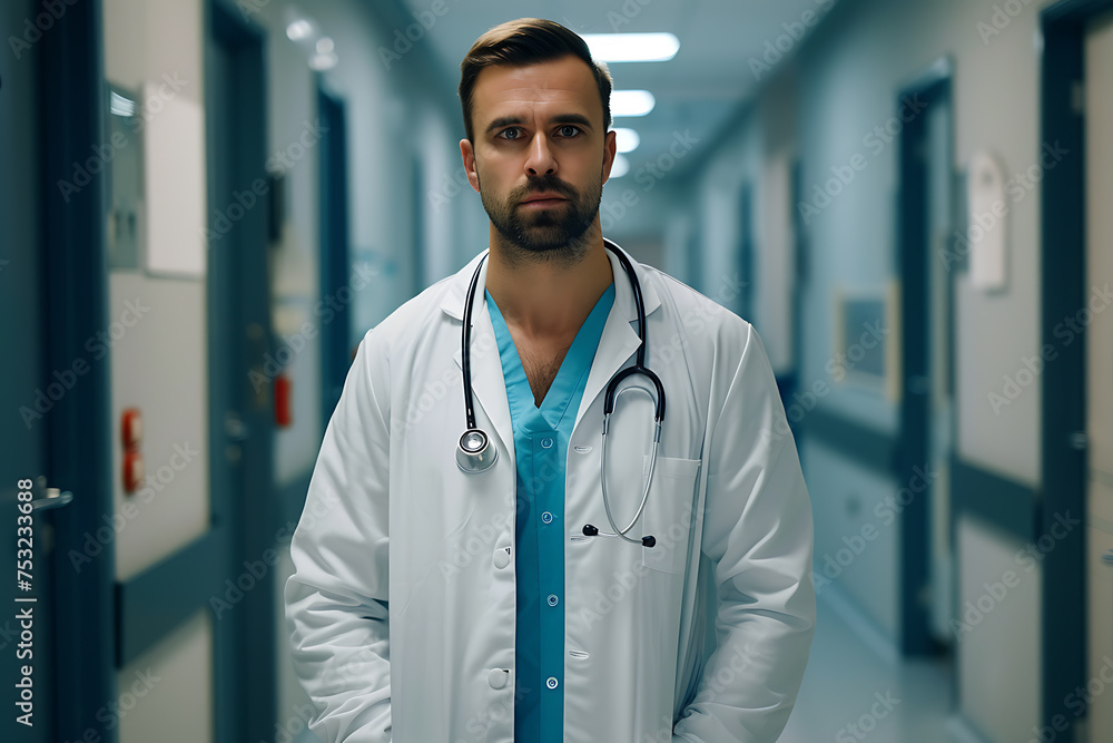 A male doctor confidently holds a stethoscope, embodying expertise and compassion in healthcare professionalism A male doctor confidently holds a stethoscope, embodying expertise and compassion in healthcare professionalism
