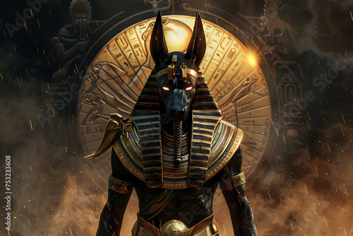 An impressive representation of Anubis, the ancient Egyptian god of the afterlife, depicted with the head of a jackal, symbolizing mummification and the journey into the underworld, set against a myst photo