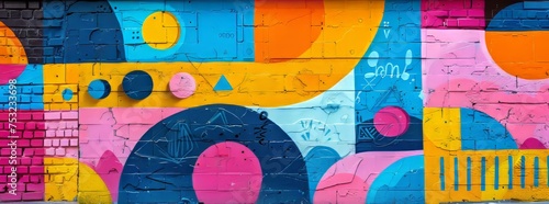 Vibrant street art mural with geometric shapes and bold colors on an urban wall.