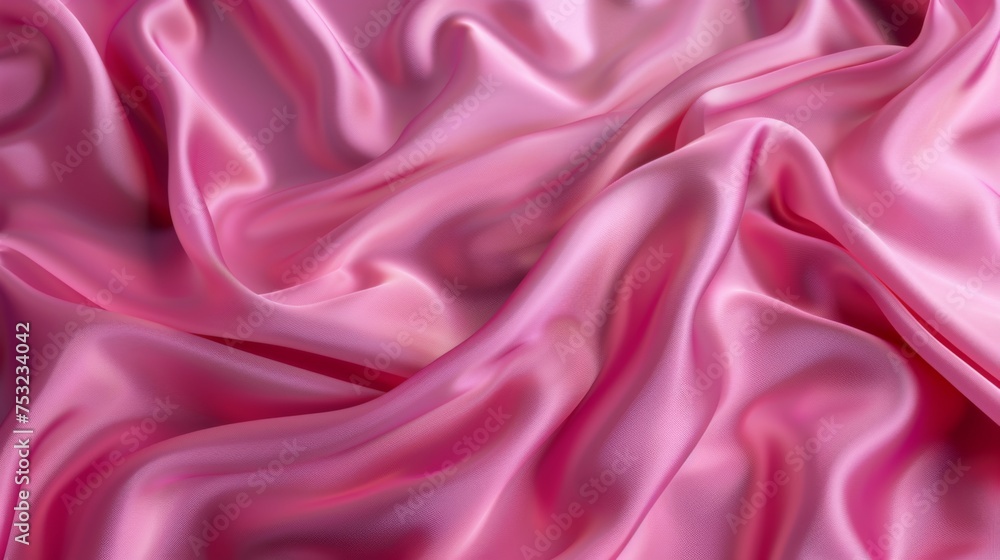 Obraz premium Pink silk background. Rose colored fabric. Elegant wrinkled textile. Abstract wavy wallpaper for romantic and beauty design.
