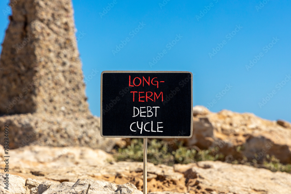 Long-term debt cycle symbol. Concept words Long-term debt cycle on beautiful black chalk blackboard. Beautiful stone blue sky background. Business Long-term debt cycle concept. Copy space.