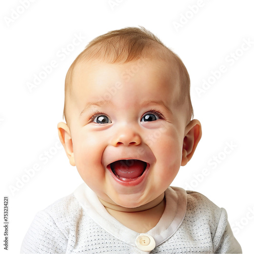 Cute baby boy looking at camera and laughing, isolated on transparent background