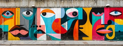 Whimsical street art mural on urban wall featuring abstract faces with bold graphic elements. © DailyStock
