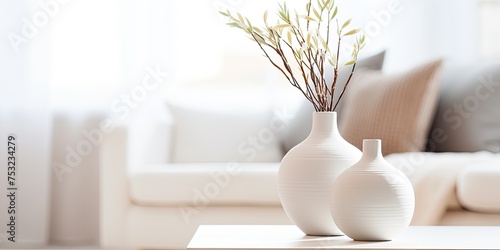 White vessels on end table in bright living room with blurred background.