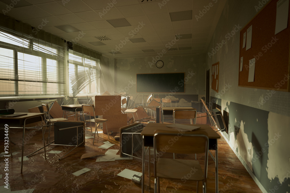 Abandoned Classroom: Sunlight Piercing the Stillness Amongst Decay