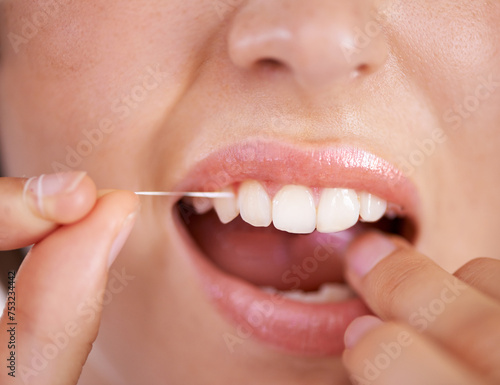 Flossing, dental and closeup of woman teeth with health, wellness and clean routine for hygiene. Oral care, happy and zoom of young female person with dentistry mouth treatment for fresh breath.