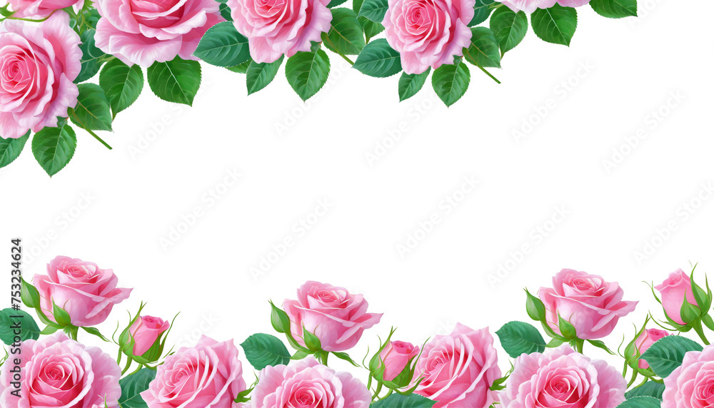 beautiful pink roses in full bloom, with soft petals and green leaves isolated on whitebackground beautiful pink roses in full bloom, with soft petals and green leaves isolated on whitebackground