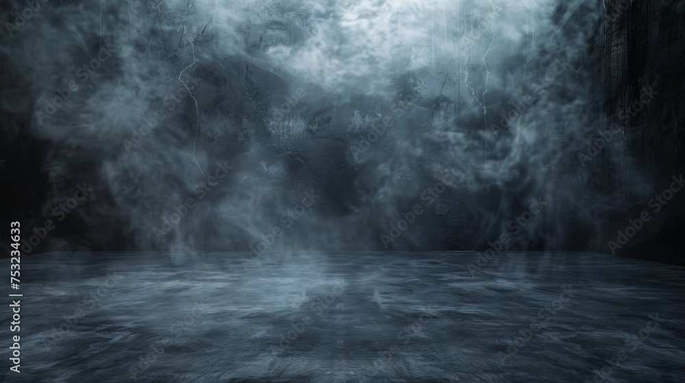 Smoke in a dark room. Fog in an empty studio room. Stage for product presentation. Wallpaper with mist effect. Smoke in a dark room. Fog in an empty studio room. Stage for product presentation. Wallpaper with mist effect.