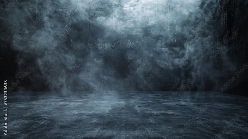 Smoke in a dark room. Fog in an empty studio room. Stage for product presentation. Wallpaper with mist effect.