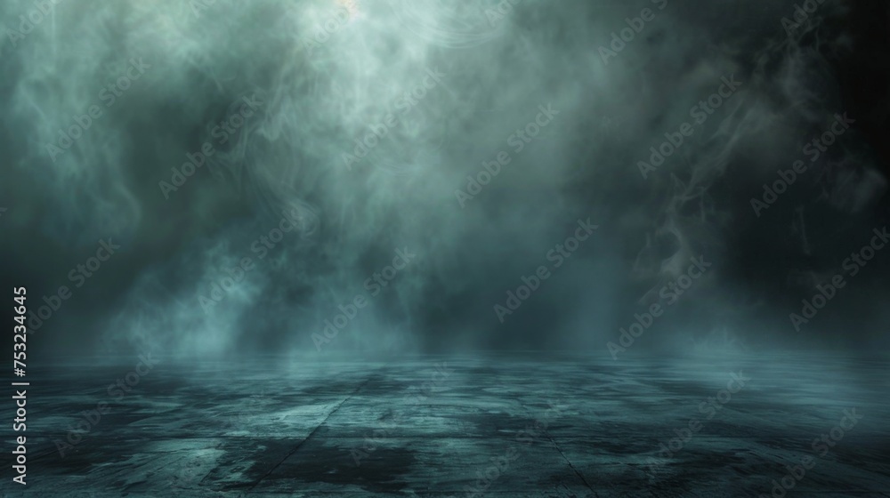 Fog in a dark room. Smoke in an empty studio room. Horror scene with smog. Wallpaper for halloween or car design.