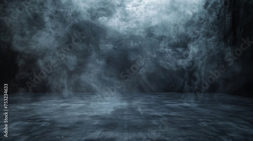 Smoke in a dark room. Fog in an empty studio room. Stage for product presentation. Wallpaper with mist effect.