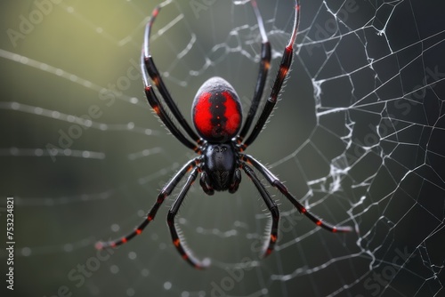 Close up of a spider on its web in the rainforest. Wildlife Concept with Copy Space. 