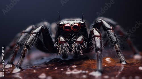 jumping spider macro close up on black background in nature. Wildlife Concept with Copy Space. 