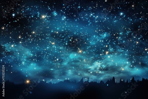 Beautiful abstract sky in blue tones with bright stars and forest on the horizon.