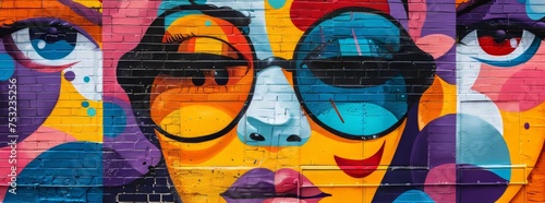 Colorful mural depicting a whimsical face with abstract elements on a brick wall.