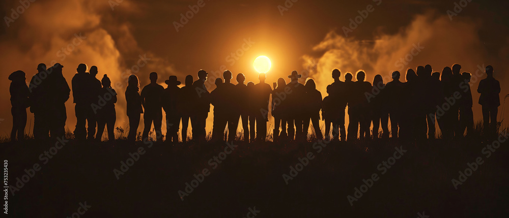 Golden sunlight piercing through silhouetted crowd at dawn Golden sunlight piercing through silhouetted crowd at dawn