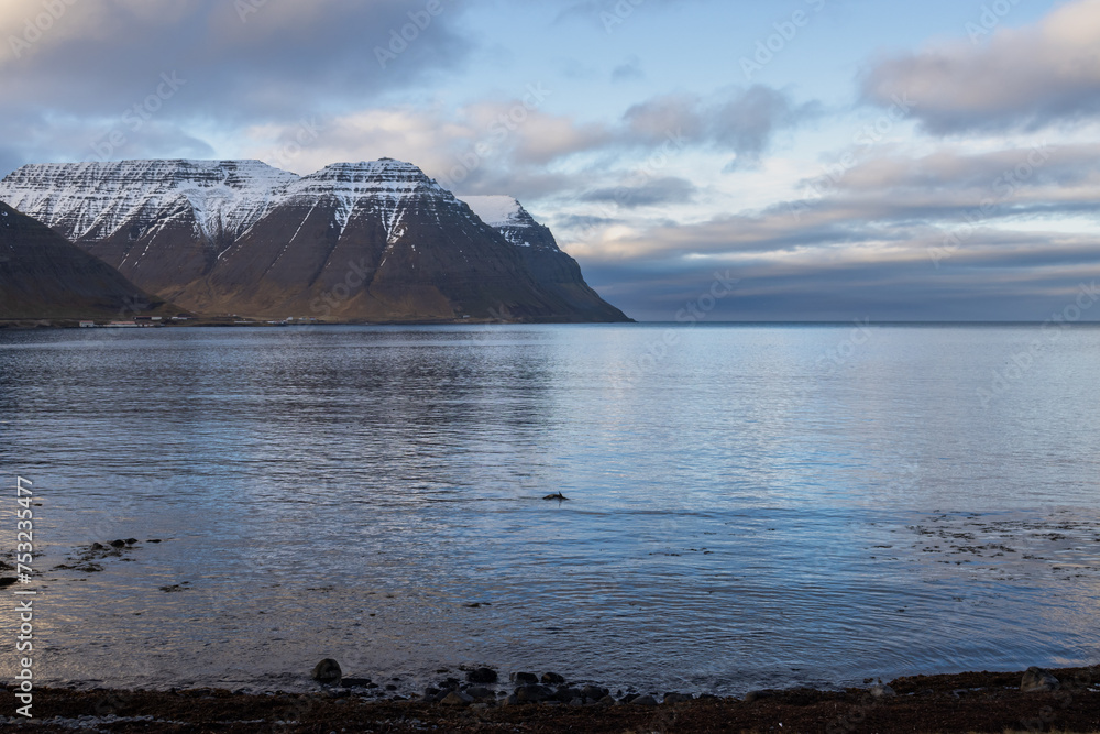 Fjord, mountains and cloudy sky, Iceland Fjord, mountains and cloudy sky, Iceland