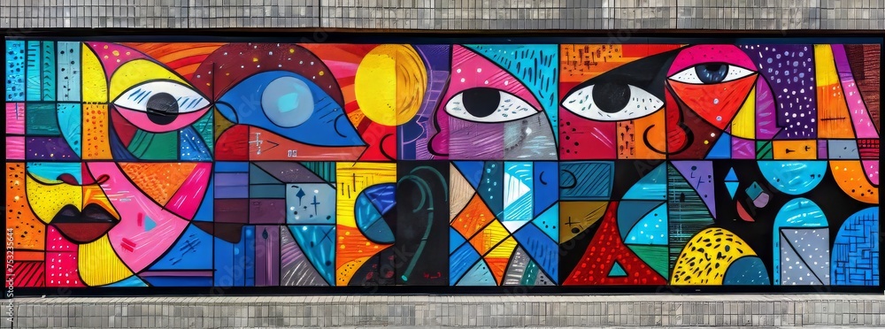 Eye-catching urban mural with a collage of abstract shapes and faces in bright colors.